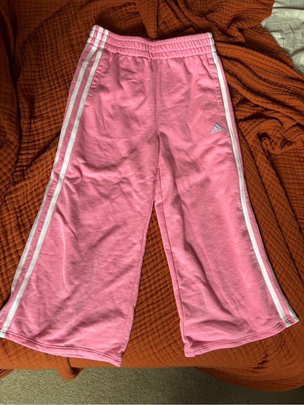 adidas Pink Girls' wide leg pink with White Side Stripes sweatpants